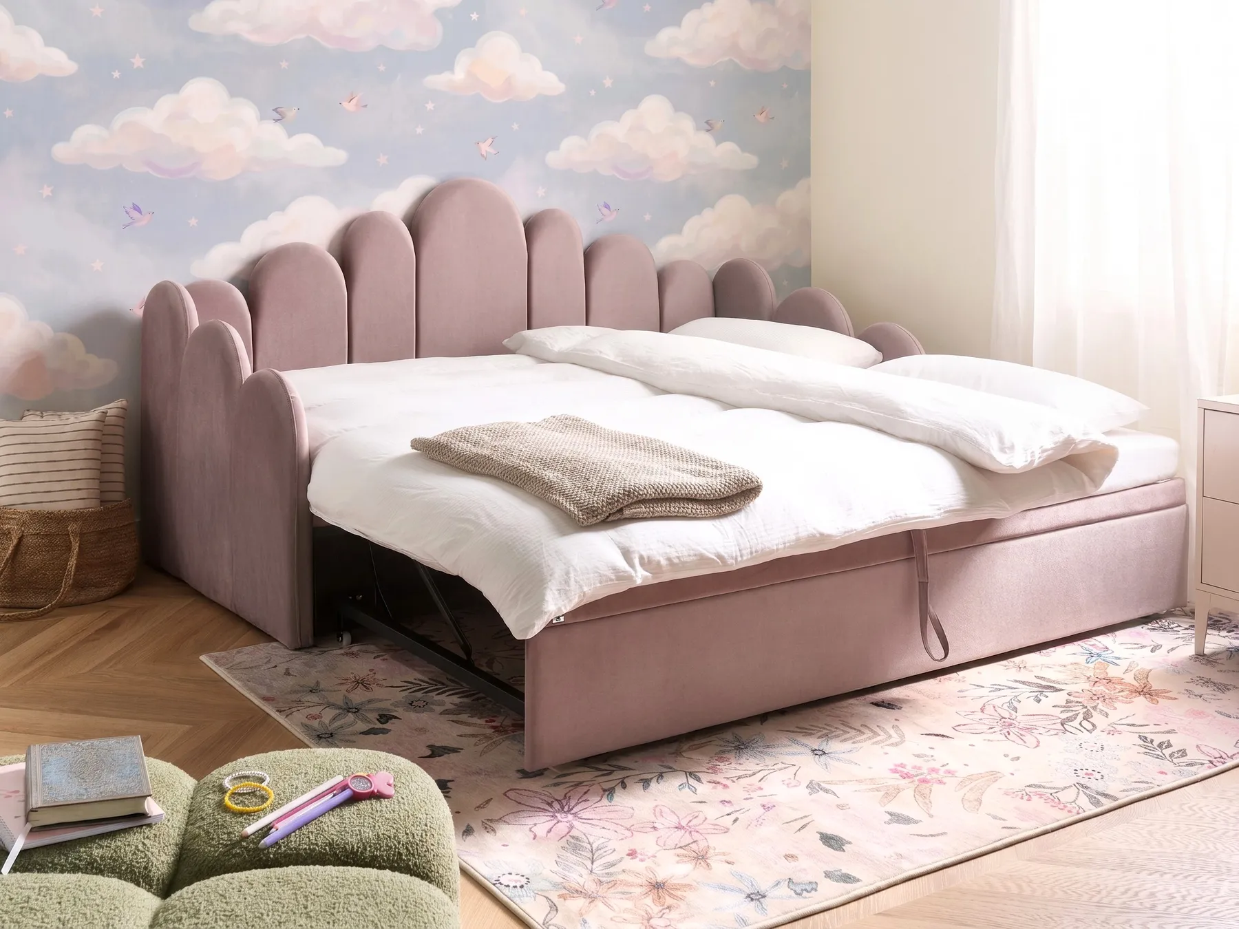 Trundle Bed Velvet POLIGNAC 90 x 200 cm (EU Single) Pastel Pink_1081295