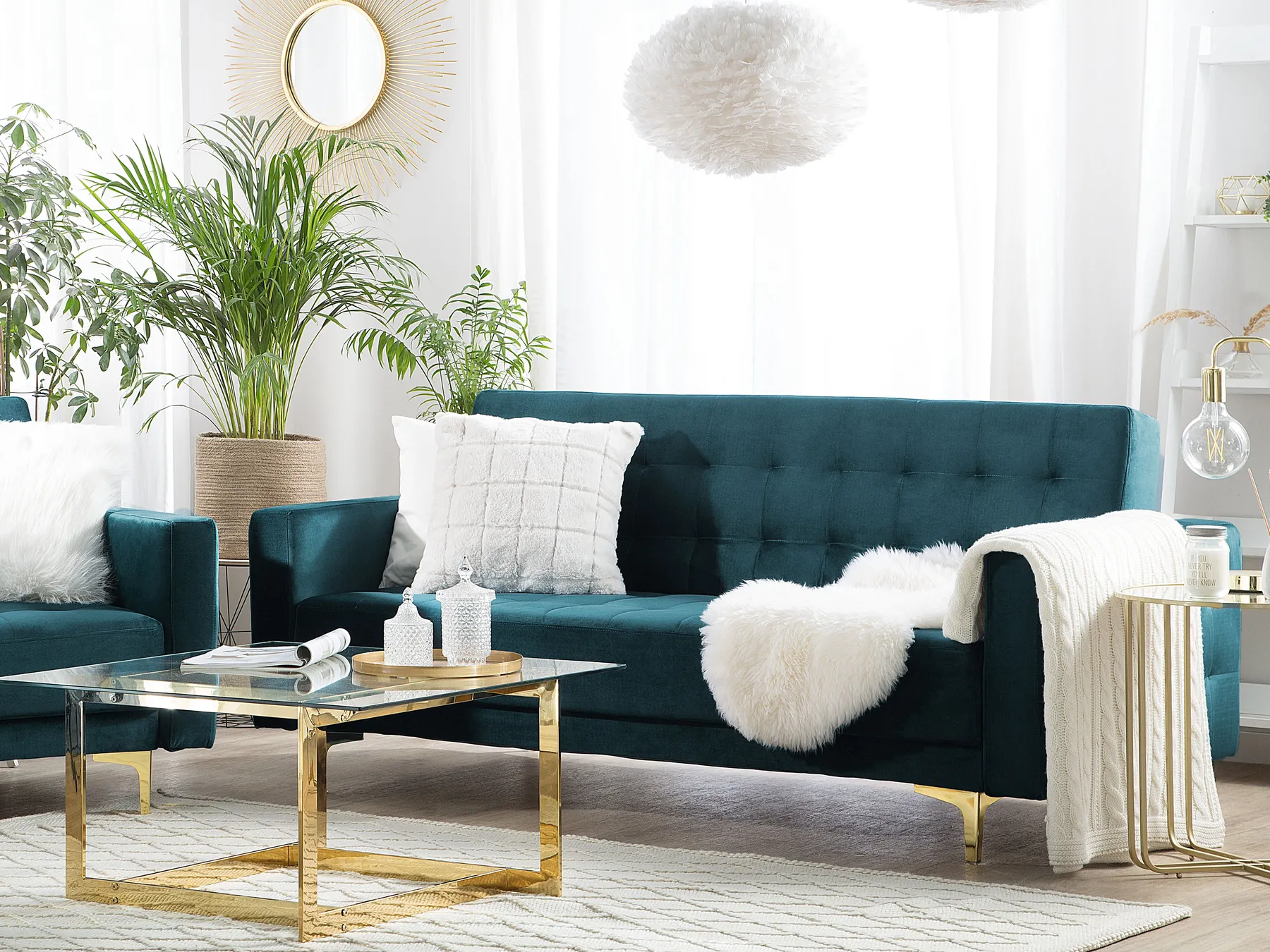 Bäddsoffa 3-sits ABERDEEN Sammet Blågrön_737988