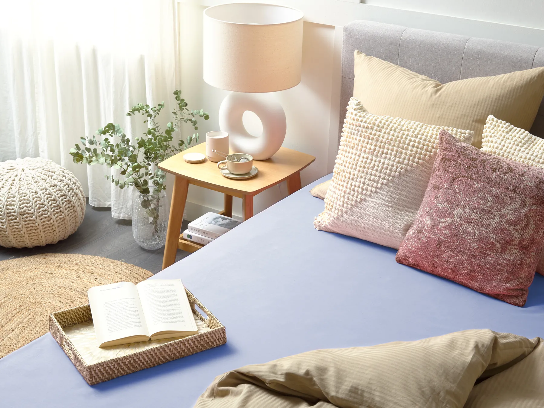 Fitted Sheet JANBU 140 x 200 cm Cotton Light Blue_845866