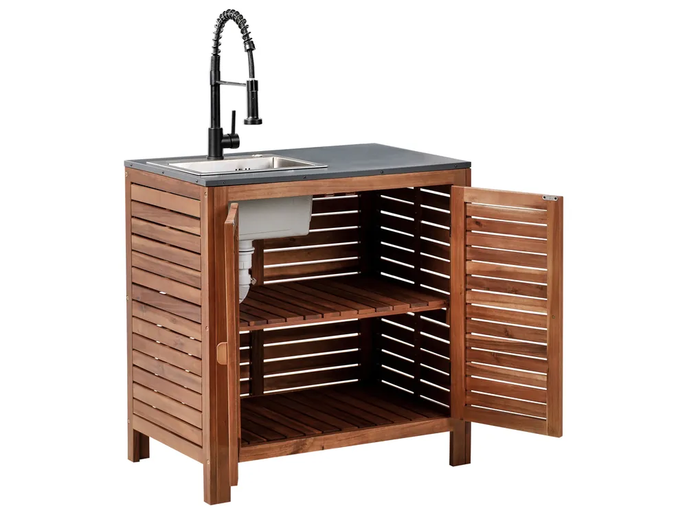 3 Piece Outdoor Kitchen Set with Sink BRUCOLI Brown/ Black Acacia Wood_1001191