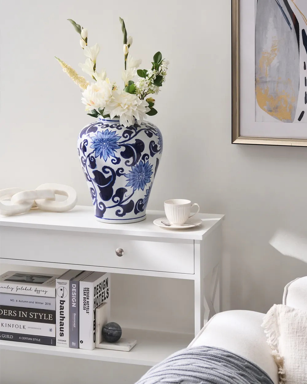 Flower Vase GIRONA 35 cm Porcelain White/ Blue
