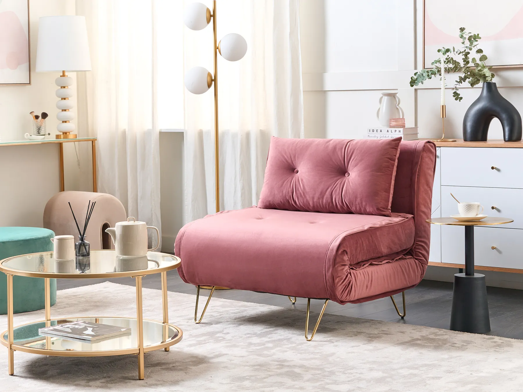 Single Sofa Bed VESTFOLD Velvet Pink_850939