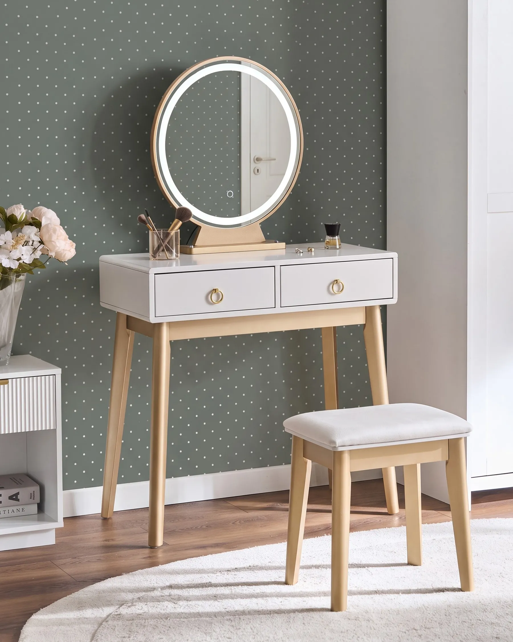Dressing Table with Mirror and Stool FEDRY LED Grey_1107848