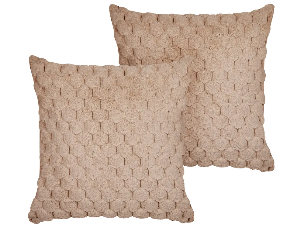 Set of 2 Decorative Cushions PURSLANE 43 x 43 cm Faux Fur Beige Geometric Pattern
